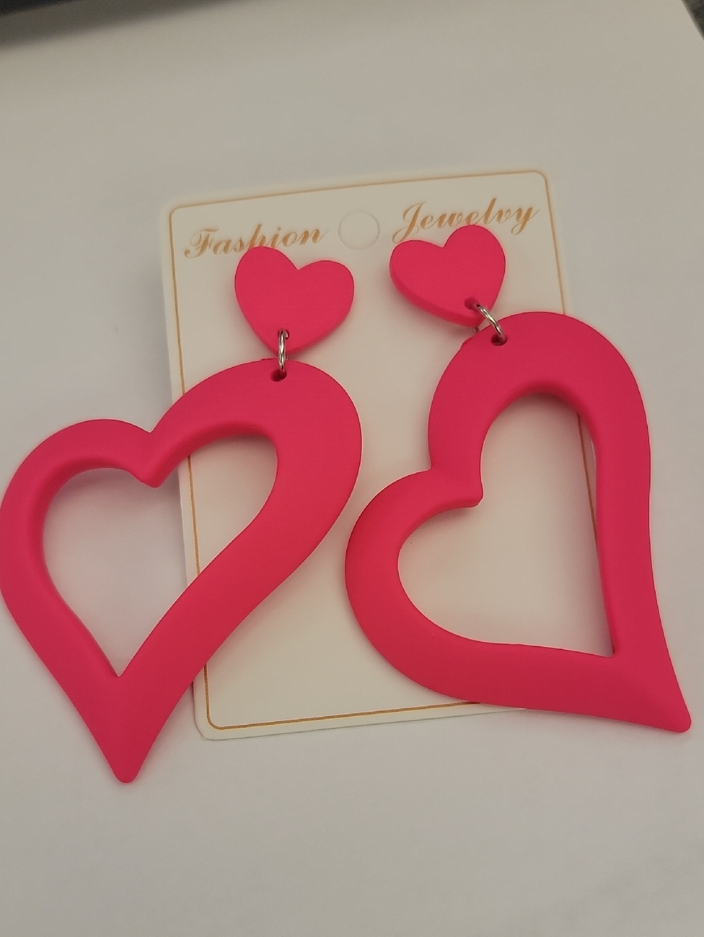 Bright Hot Pink Heart Dangle Earrings - Fashion Jewelry